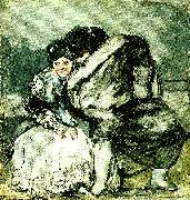 Francisco de goya y Lucientes, sittande kvinna och man i slangkappa